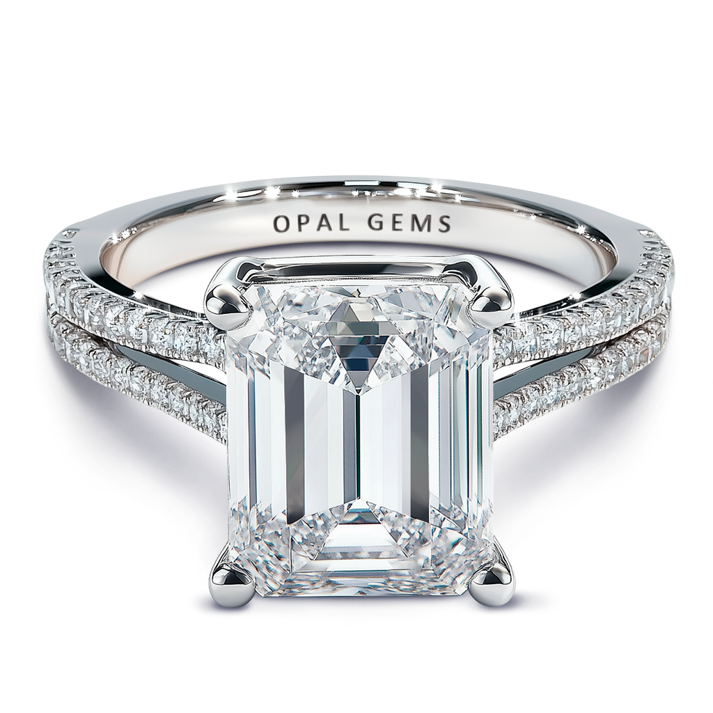 6.10ctw E-VS1 Elegant Emerald Cut Lab-Grown Diamond engagement ring, all crafted in 14k White Gold.