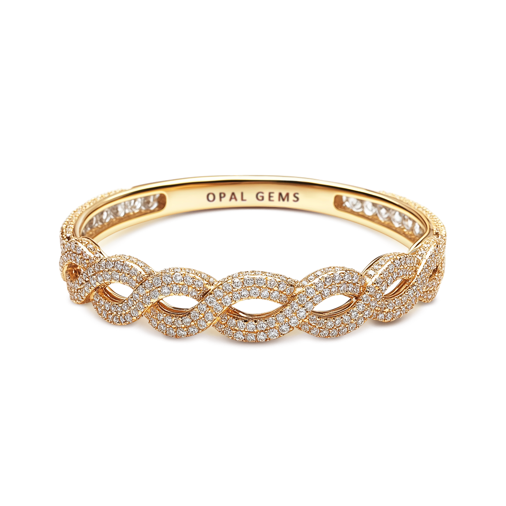 5.81 Carat F-VS Diamond Link Bangle with Pavé Detailing in 14K Yellow Gold.