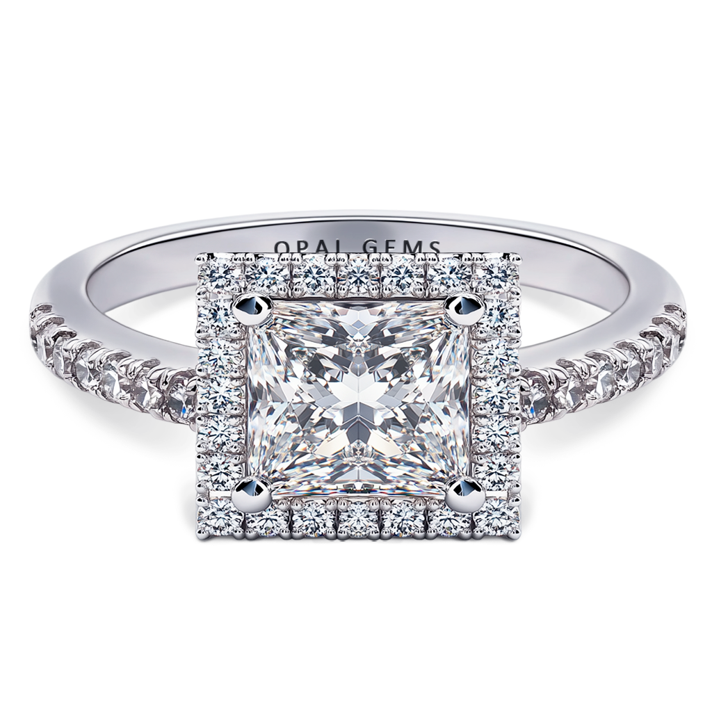 1.50 Carat Square Cut Diamond with Delicate Pavé Halo.