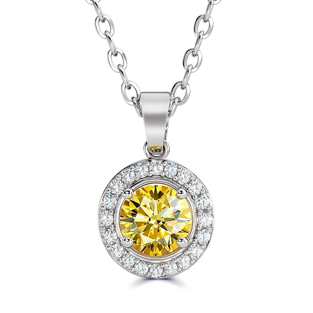 0.97 Carat Frosty Yellow Diamond Pavé Halo Pendant Necklace in 14K White Gold.