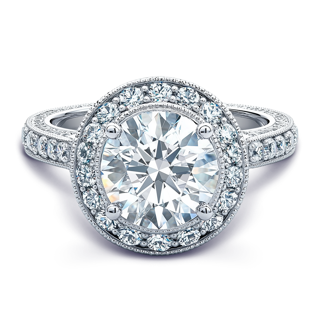 3.60ctw GIA Certified Vintage-inspired engagement ring featuring a Round Brilliant Lab-Grown Diamond, set in 14k White Gold.
