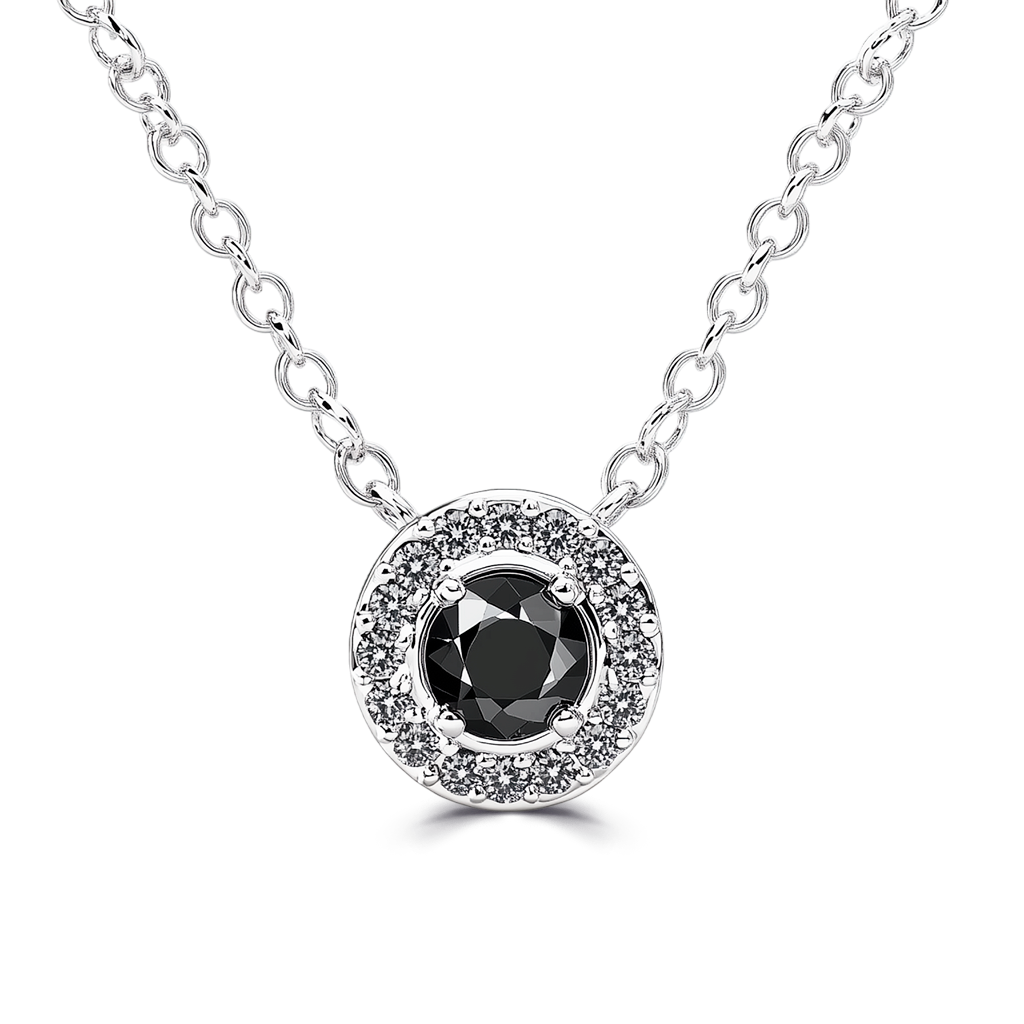 0.75 Carat Intense Black Diamond Halo Pendant Necklace in 14K White Gold.