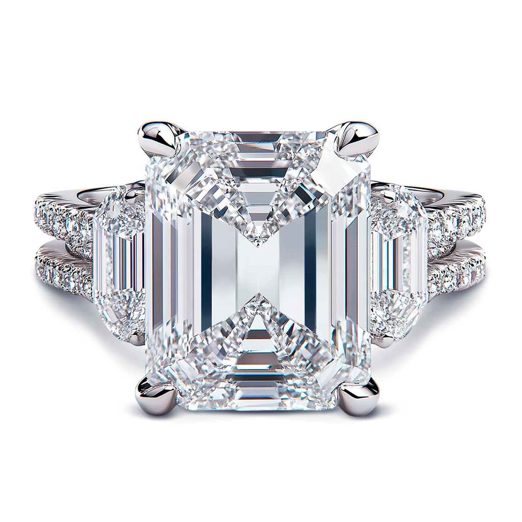 5.53ctw GIA Certified F-VVS2 Elegant Emerald Cut Lab-Grown Diamond engagement ring, all in lustrous 14k White Gold.