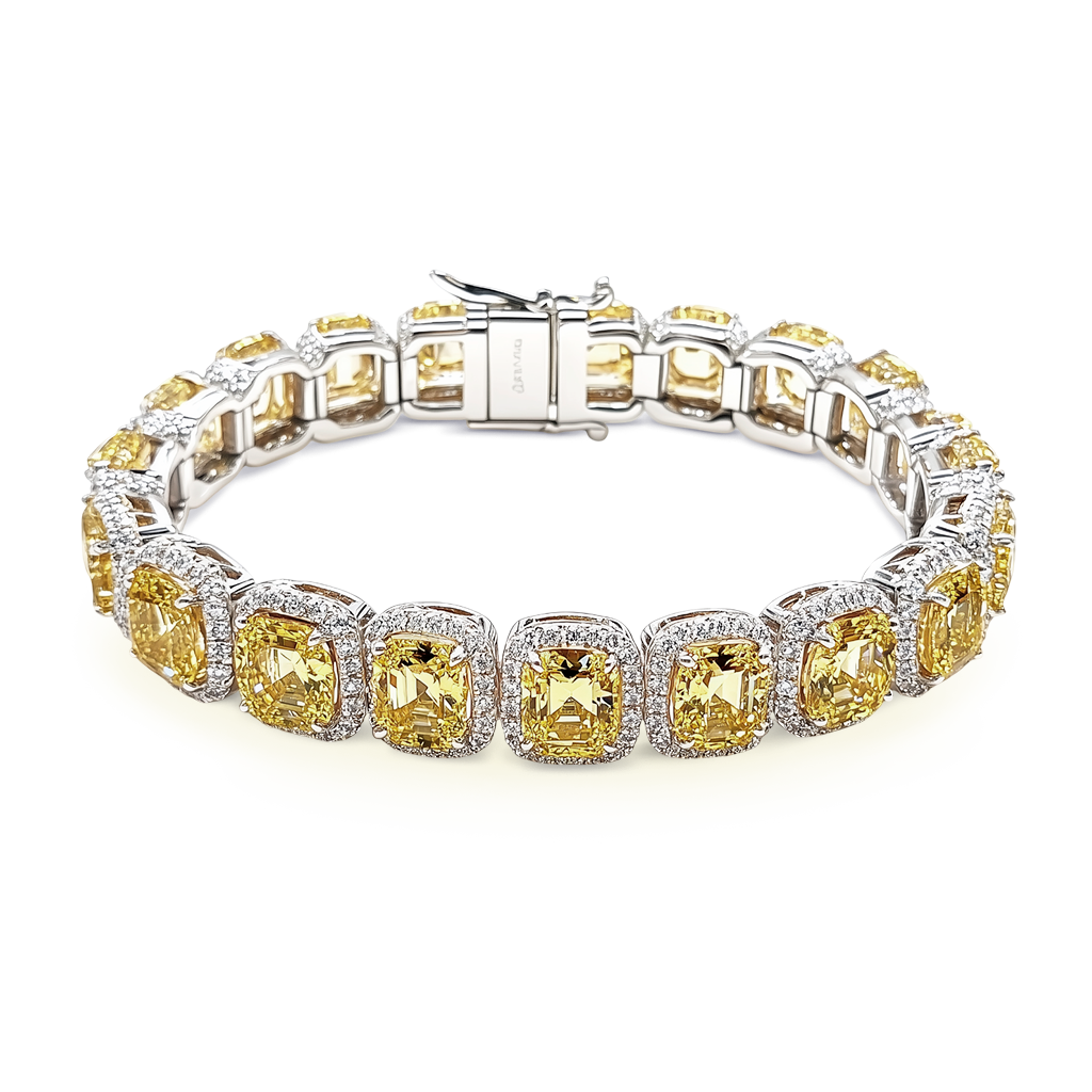 23.46 Carat Frosty Yellow Diamond Pavé Halo Bracelet in 14K White Gold.