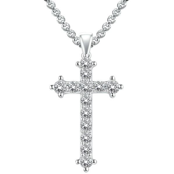 Three Point Diamond Cross Pendant Necklace in 14K White Gold.
