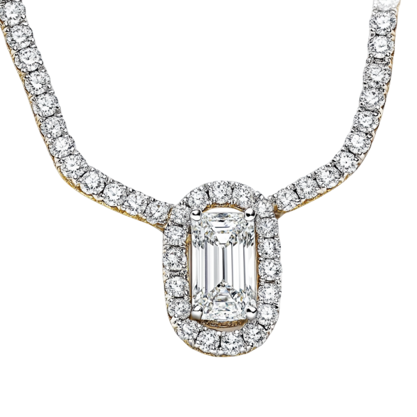 Dashing Emerald Cut Round Diamond Necklace 14k White Gold.