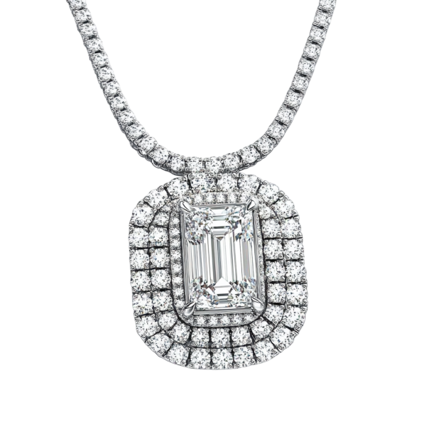 Magnificent Two Lines Emerald Diamond Necklace 14k White Gold.