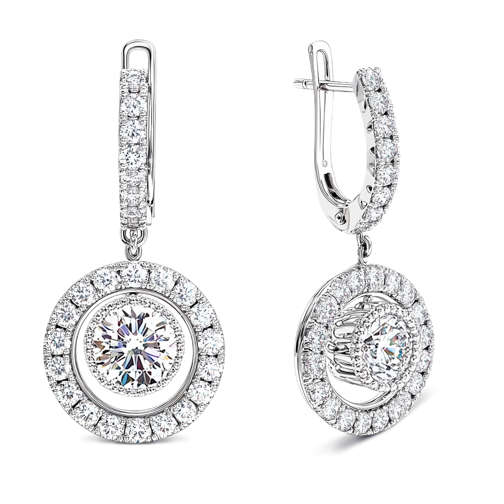 2.55 Carat Round-Cut Diamond Drop Earrings in 14K White Gold with Secure Leverback.