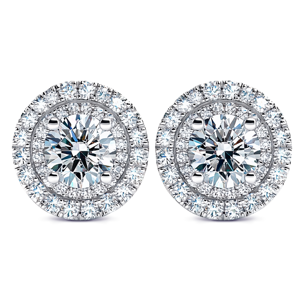 1.70 CT F-SI Diamond Halo Pavé Earrings in 14K White Gold.