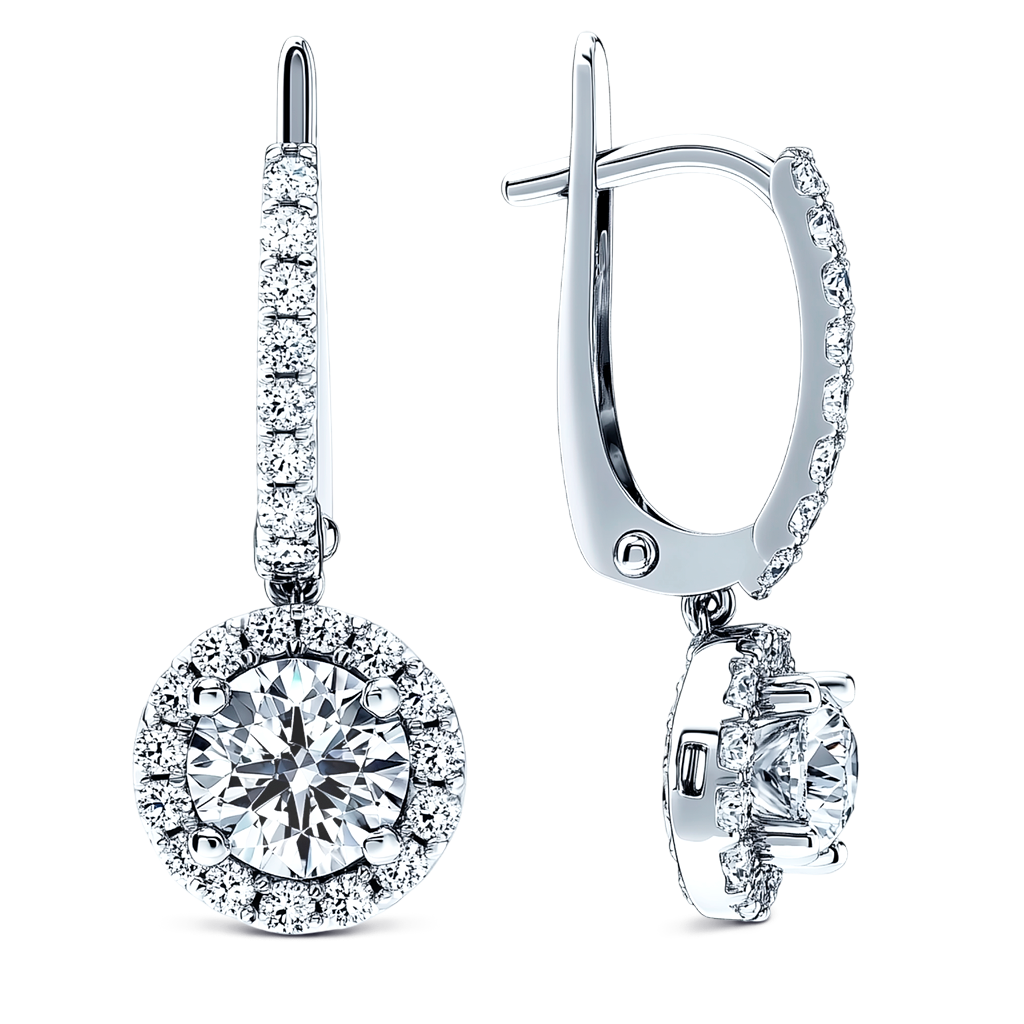 1.94 Carat Round Diamond Drop Earrings with Leverback Closure in 14K White Gold.