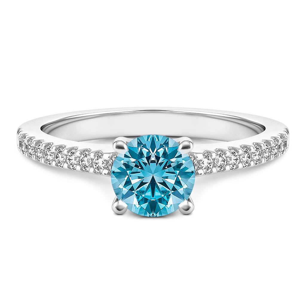 0.94 Carat Light Blue Round-Cut Diamond Ring in 14K White Gold.