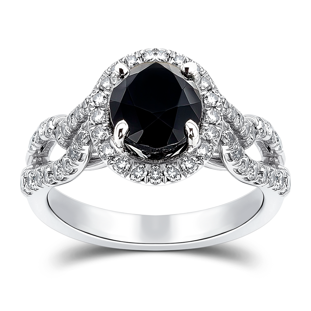 3.20 Carat Authentic Black Diamond Engagement Ring in 14k White Gold Setting.