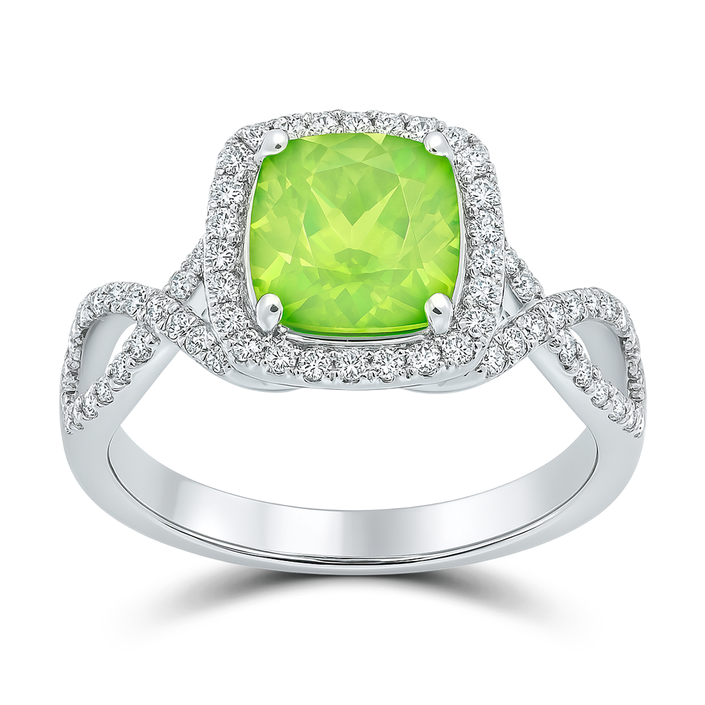 3.48 Carat Cushion-Cut Green Diamond Engagement Ring in 14K White Gold.