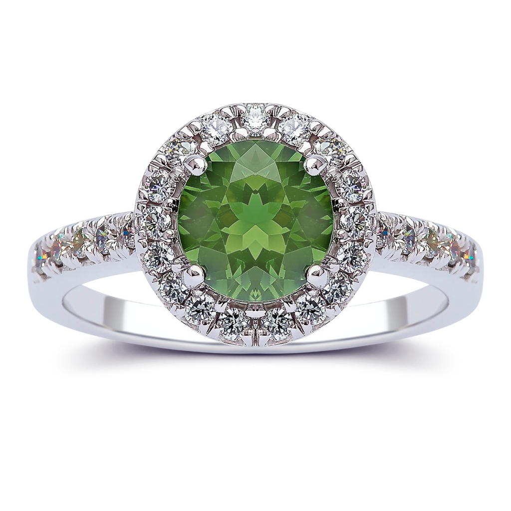 2.92 Carat Radiant Green Diamond Ring with Pavé Halo in 14K White Gold.