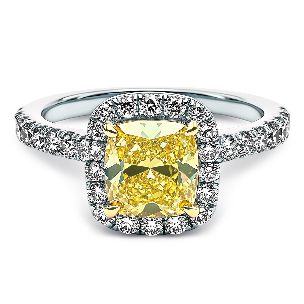 1.52 Carat Frosty Yellow Cushion Diamond Pavé Halo Engagement Ring in 14K Gold.