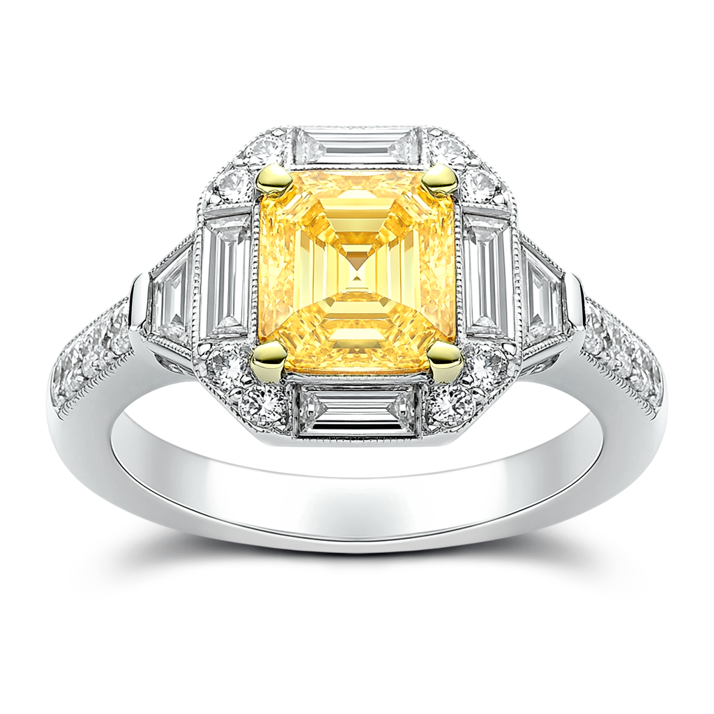 1.96 Carat Yellow Cushion Diamond Vintage Engagement Ring in 14K Gold.