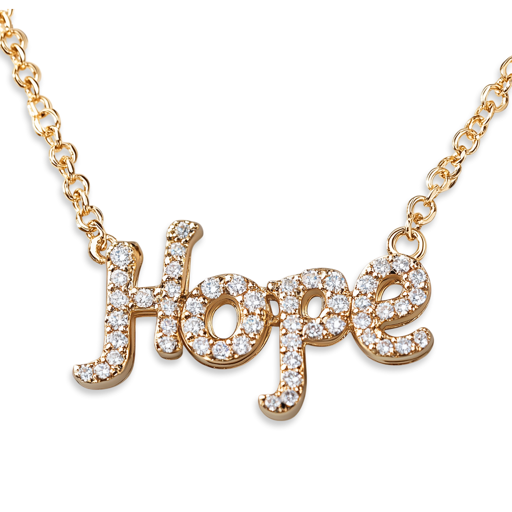 Pavé Diamond "Hope" Word Charm Pendant Necklace in 14K Gold.