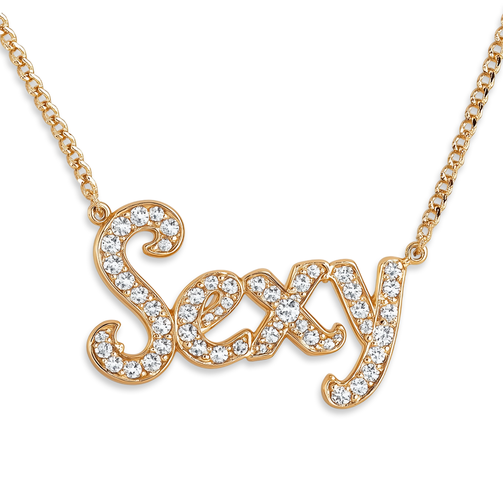 14K Gold Pavé Diamond "Sexy" Word Charm Pendant Necklace.