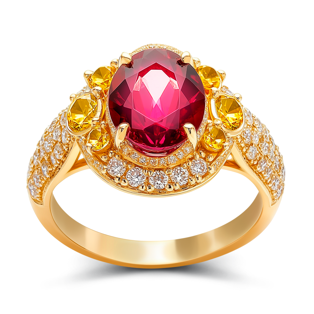 3.32 Carat Ruby and Yellow Diamond Statement Ring in 14K Yellow Gold.