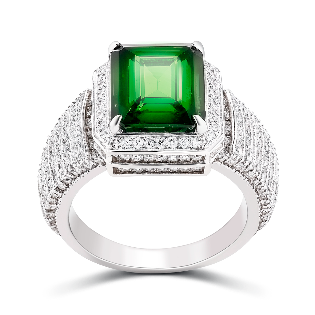 5.00 Carat Tourmaline and White Diamond Statement Ring in 14K White Gold.