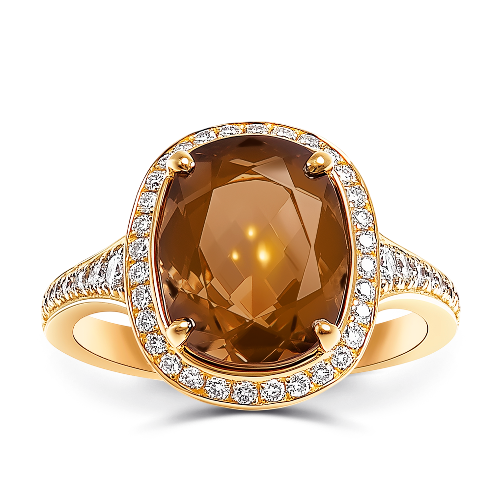3.30 Carat Smoky Quartz and Diamond Statement Ring in 14K Yellow Gold.