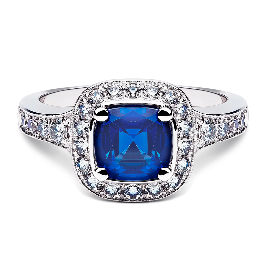 1.00 Carat Vintage-Inspired Sapphire and Diamond Cushion Cut Design.