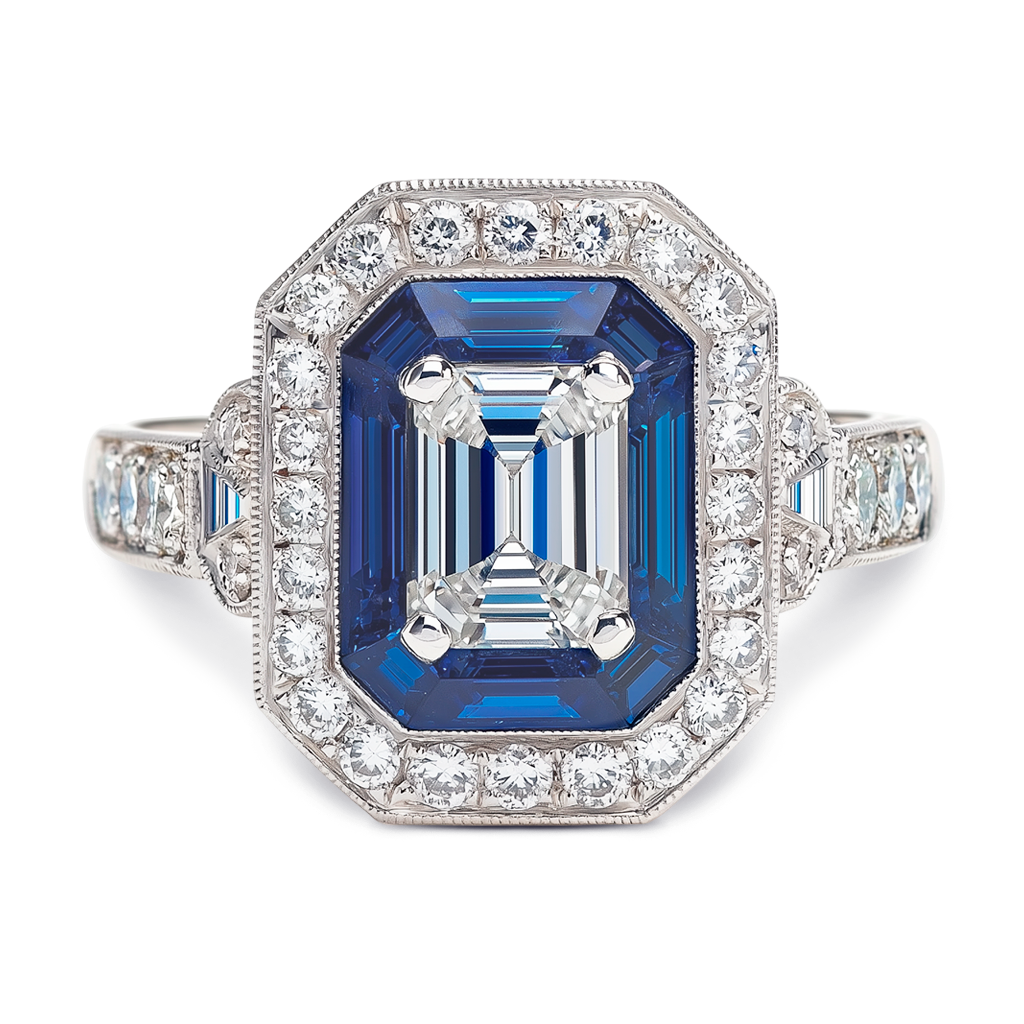 1.00 Carat Emerald-Cut Vintage-Inspired Sapphire and Diamond Design.