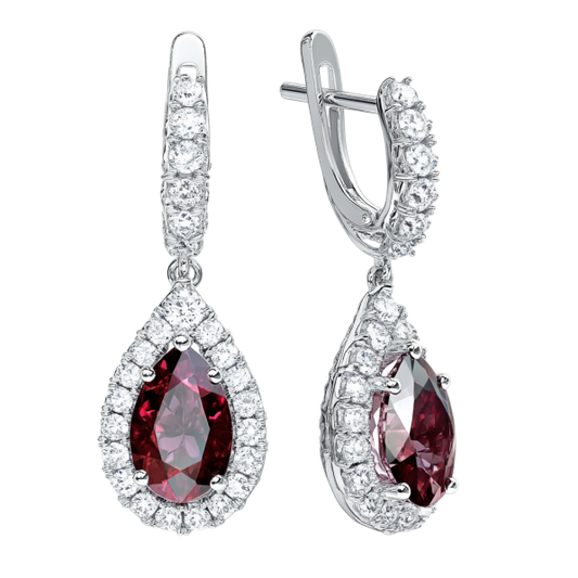 Red Pear and Round Diamonds Earring