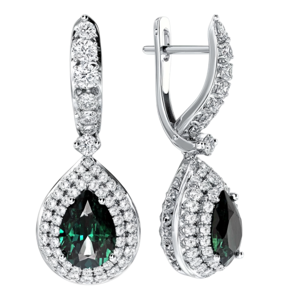 Green Pear and Round Diamonds Earring