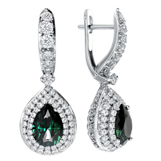 Green Pear and Round Diamonds Earring