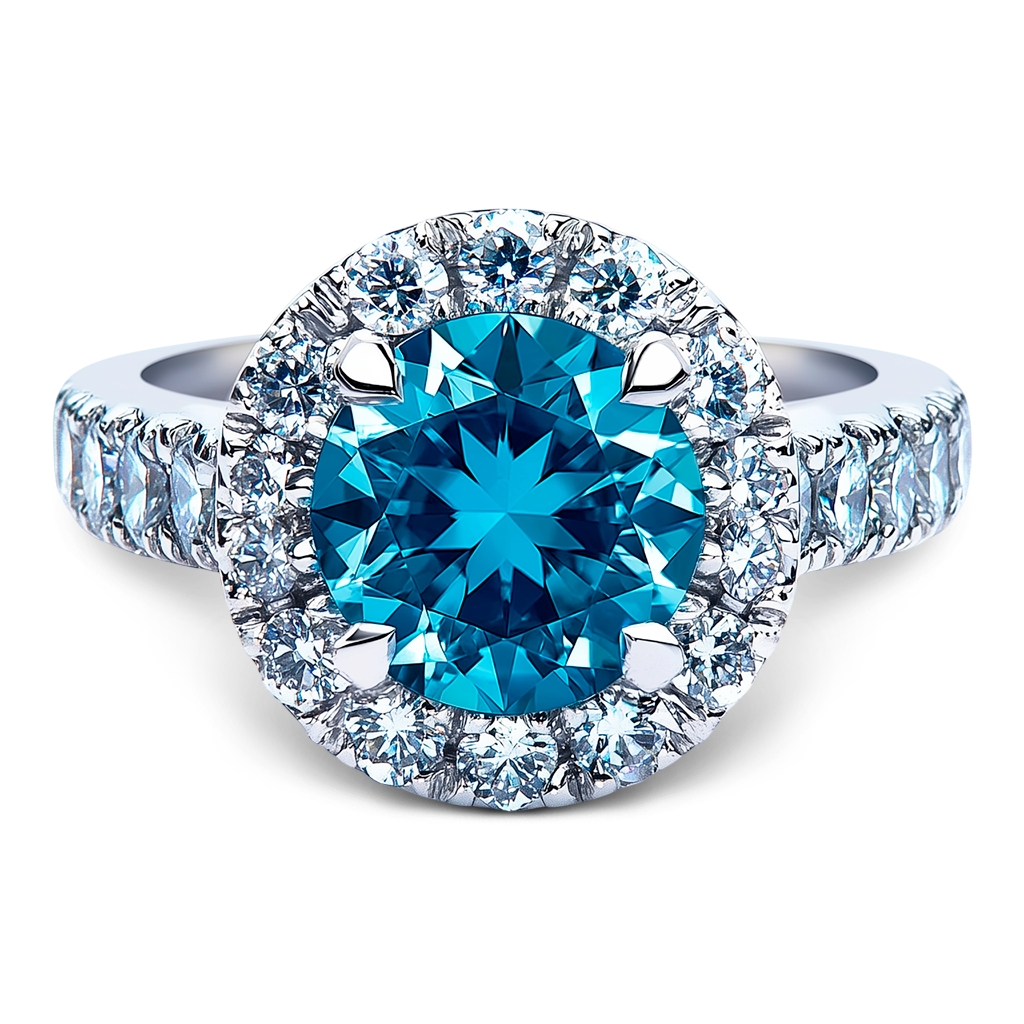 3.86 Carat Deep Blue Diamond Halo Engagement Ring in 14K Gold with Vintage Accents.