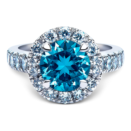 3.86 Carat Deep Blue Diamond Halo Engagement Ring in 14K Gold with Vintage Accents.