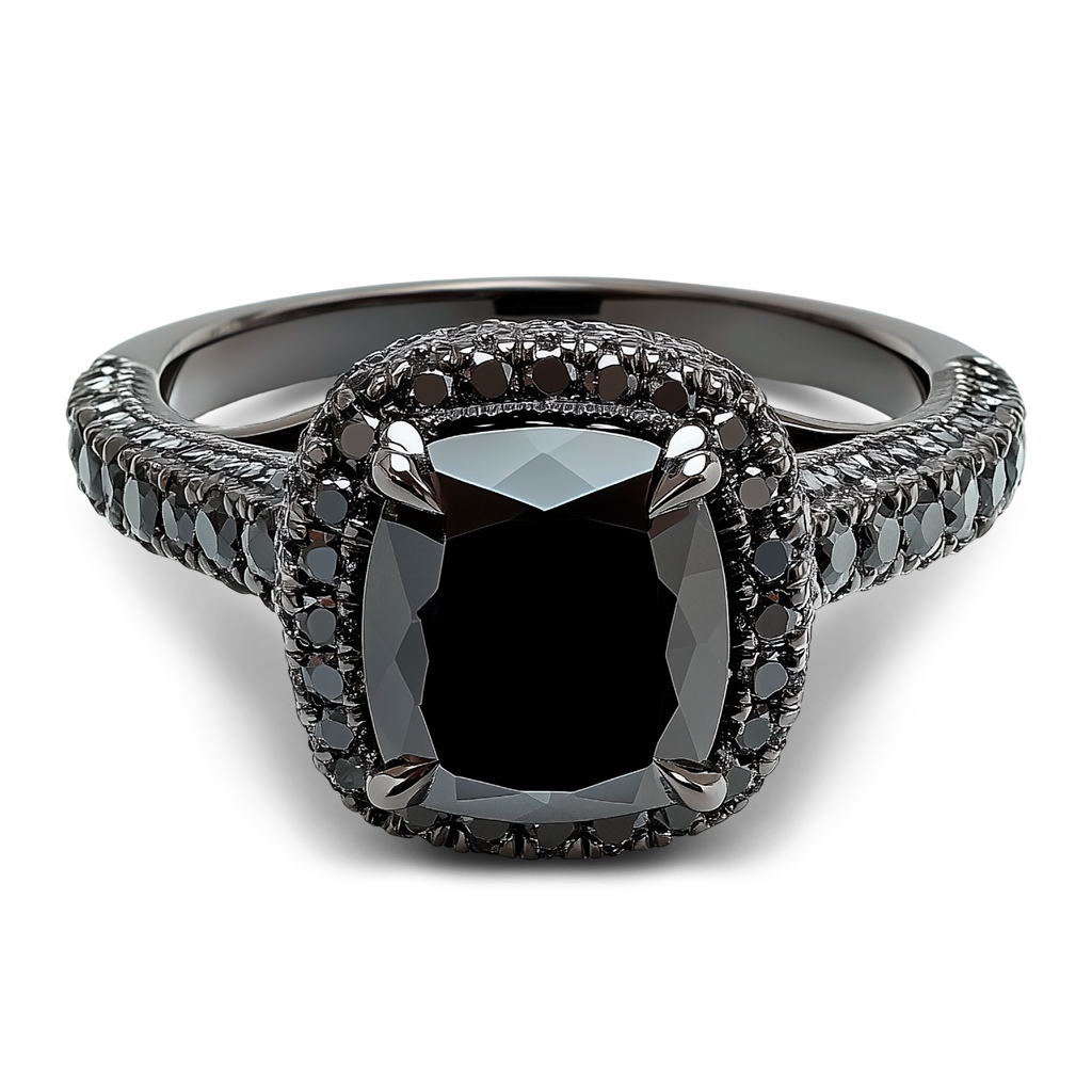 6.35 Carat Cushion Black Diamond Ring in 14K Black Gold with Retro Flair.