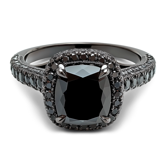 6.35 Carat Cushion Black Diamond Ring in 14K Black Gold with Retro Flair.