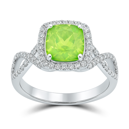 3.48 Carat Cushion-Cut Green Diamond Engagement Ring in 14K White Gold.
