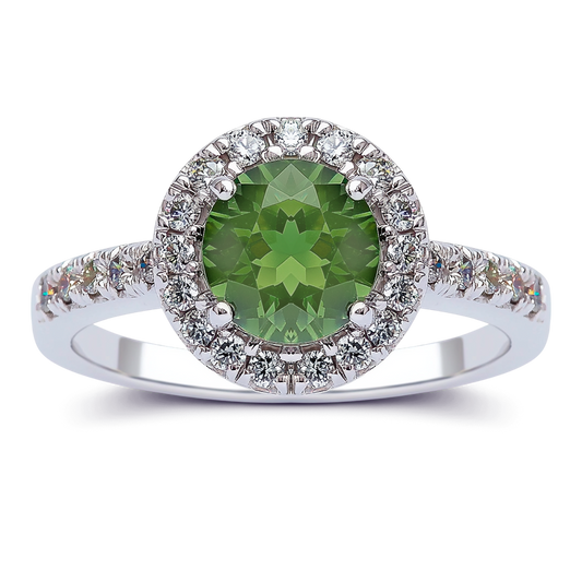 2.92 Carat Radiant Green Diamond Ring with Pavé Halo in 14K White Gold.