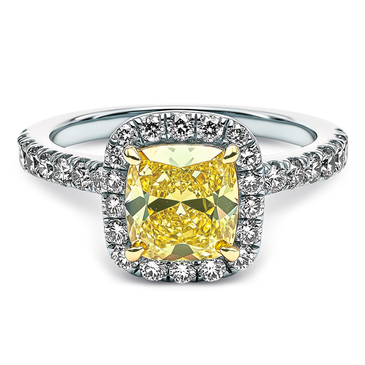 1.52 Carat Frosty Yellow Cushion Diamond Pavé Halo Engagement Ring in 14K Gold.