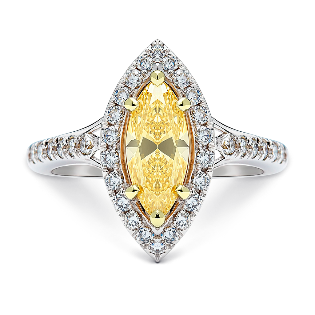 1.16 Carat Radiant Yellow Marquise-Cut Diamond Engagement Ring in 14K White Gold.