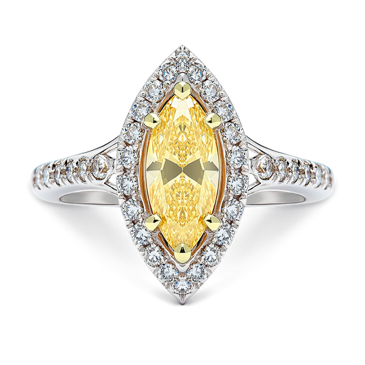1.16 Carat Radiant Yellow Marquise-Cut Diamond Engagement Ring in 14K White Gold.