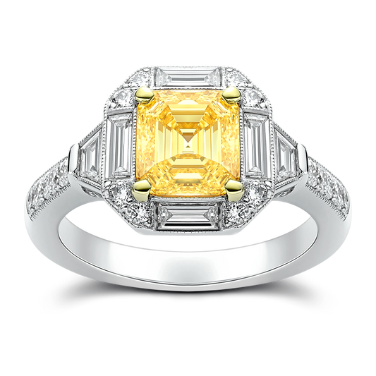 1.96 Carat Yellow Cushion Diamond Vintage Engagement Ring in 14K Gold.
