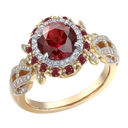 Red Stone Halo Diamond Ring