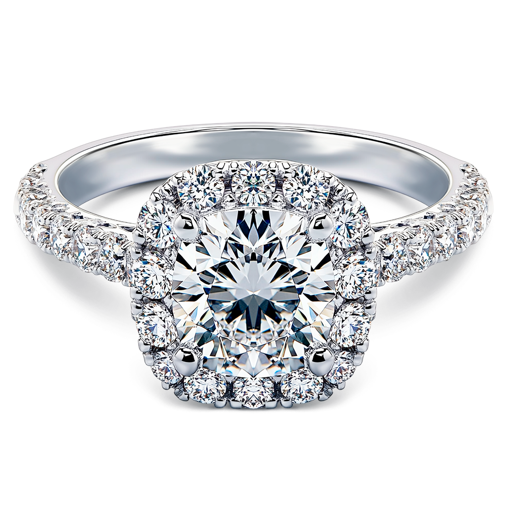 1.50 Carat Cushion Diamond with Delicate Prong Halo.