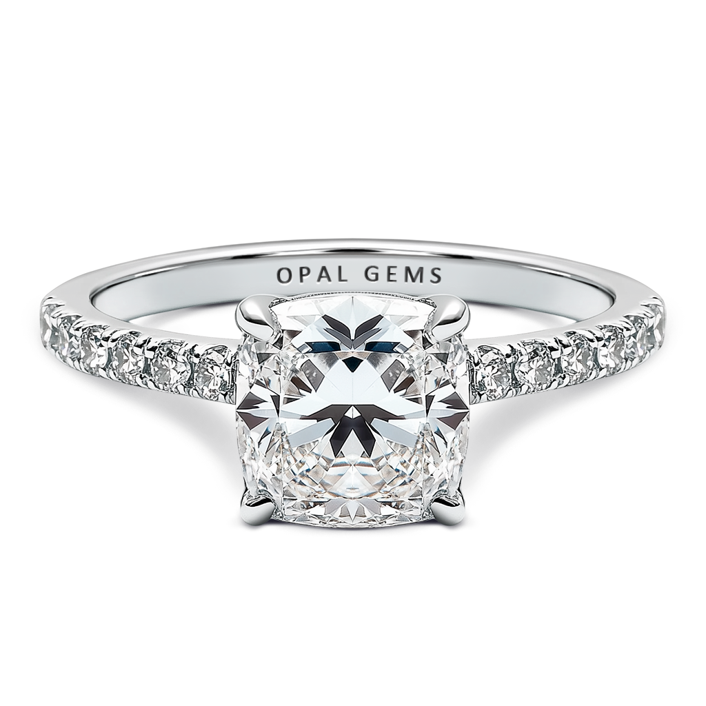 2.00 Carat Cushion Cut Delicate Pavé Cathedral Setting.